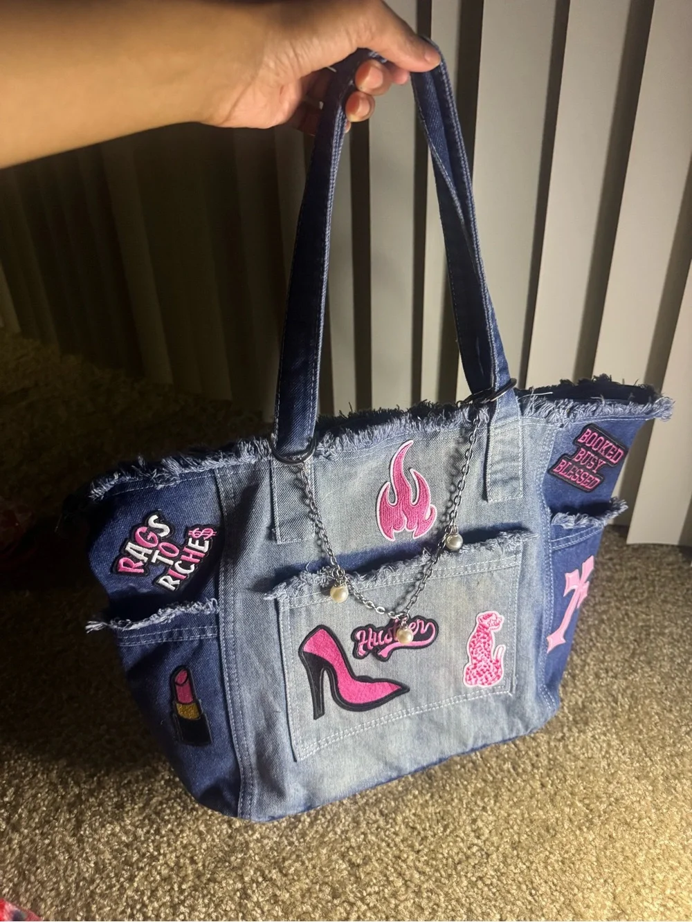 Denim Patch Tote Bag - Pink Accents